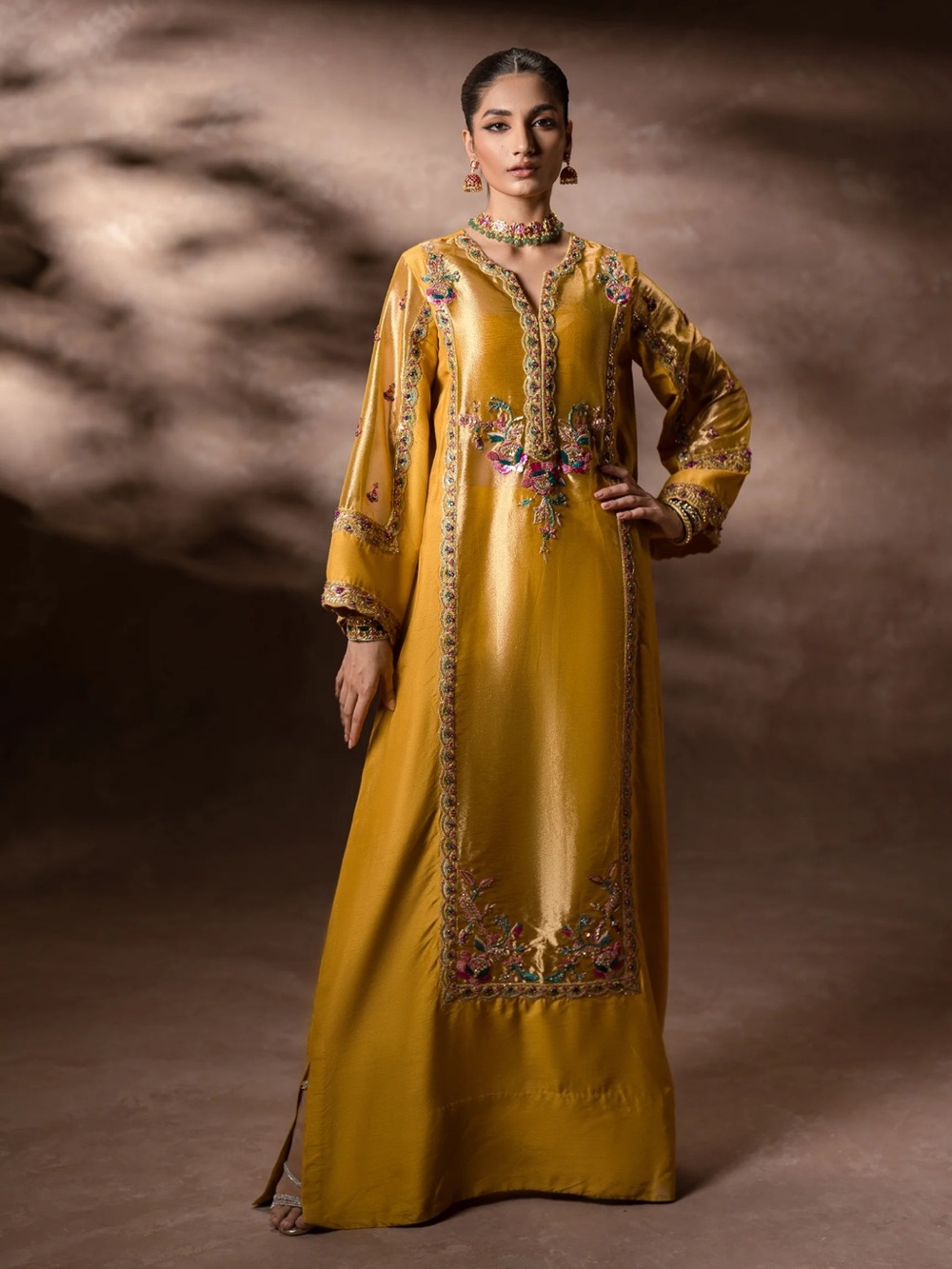 Ammara Khan Golden mustard handwork all over Kaftan 2pcs Set